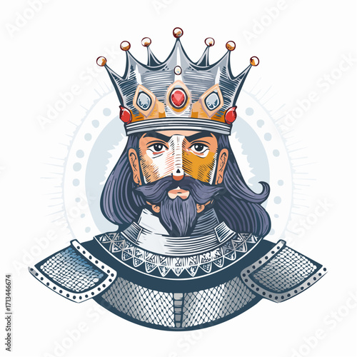Stylized portrait illustration of a majestic king wearing an ornate crown and regal armor, embodying power and wisdom in a detailed, vintage hand-drawn style