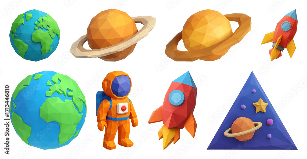 Obraz premium PNG Colorful low-poly space exploration, element set on transparent background