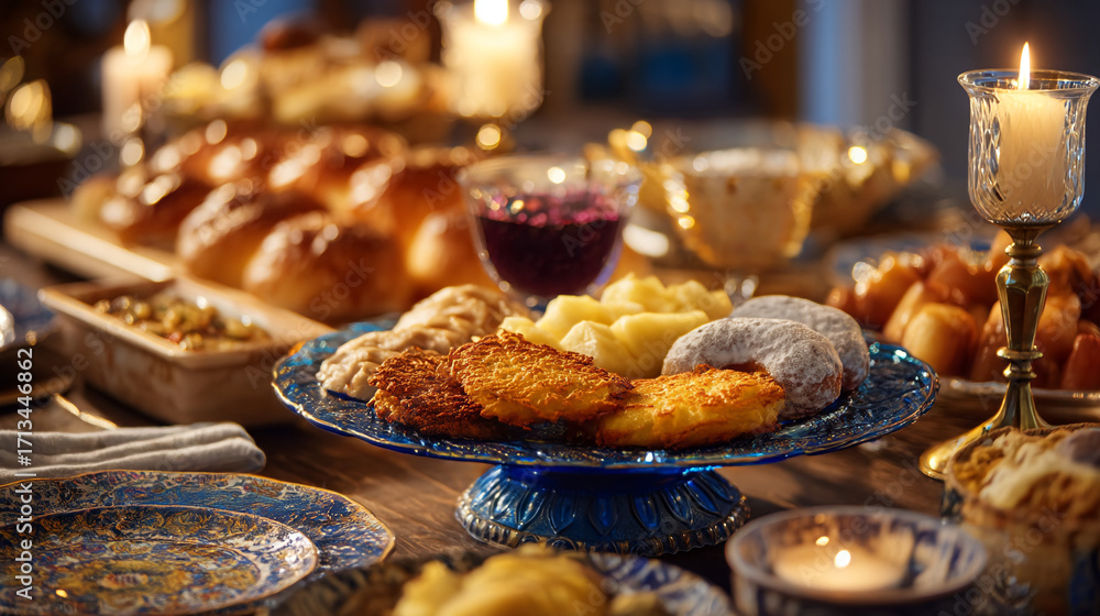 Naklejka premium Hanukkah feast: latkes, doughnuts, challah, and candles on a festive table