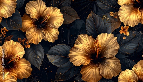 Luxurious golden hibiscus blossoms on dark leaves