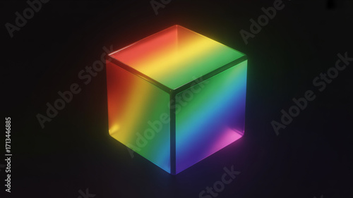Rainbow gradient cube 3d render illustration for graphic design and digital art projects, vibrant colors, dark background