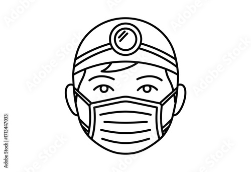 Line drawing of a dentist or doctor wearing a surgical mask and a cap.