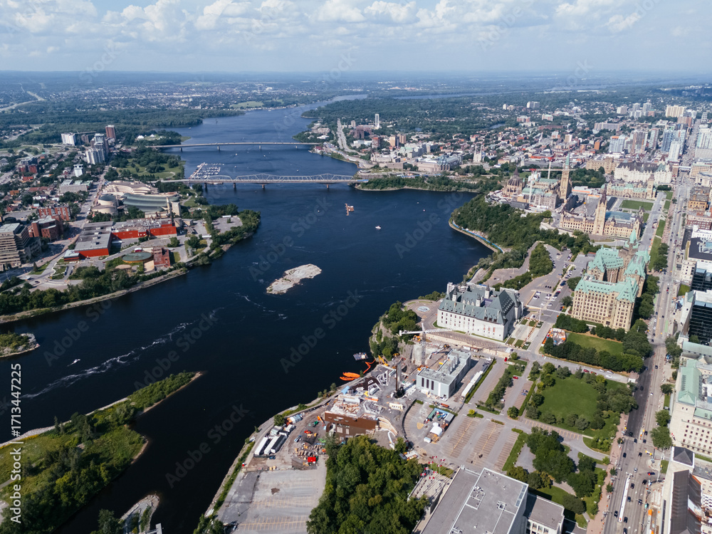 Naklejka premium aerial city view of the skyline of downtown Ottawa, including Parliament buildings Ottawa, Ontario Canada.