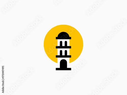 Iconic architectural tower logo design with bold lines and yellow circle sunrise, vector origin graphic