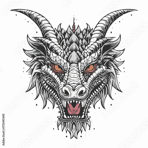 Powerful monochrome illustration of a mythical dragon's head with intricate detailing, large horns, and glowing red eyes, capturing the essence of ancient fantasy and formidable strength