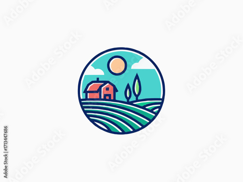 Charming farm landscape logo showcasing a red house, rolling hills, and bright sun symbol design