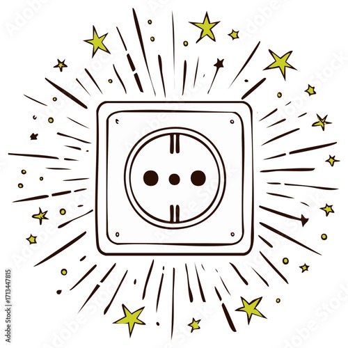 Hand-drawn illustration of a Europlug socket with a burst of energy and stars