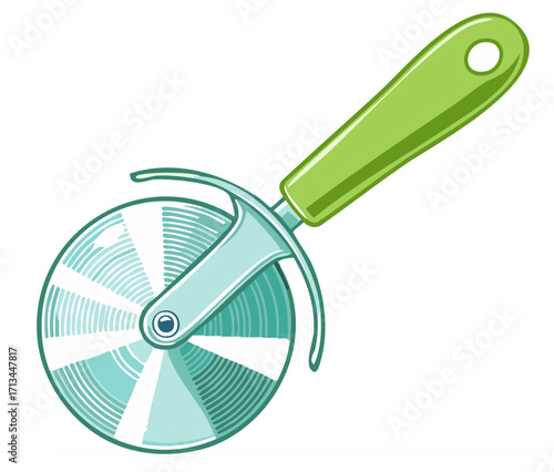 Cartoon illustration of a pizza cutter with a green handle. Vector kitchen utensil icon for cutting.