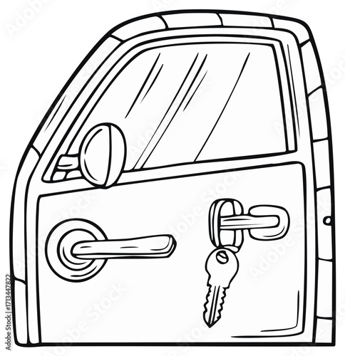 Car Door Outline with Key Hanging in Lock Illustration
