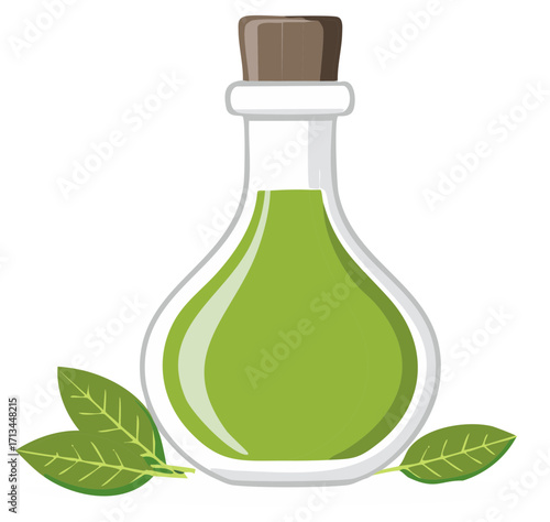 Bottle of herbal extract with leaves. Natural essential oil remedy and alternative medicine concept