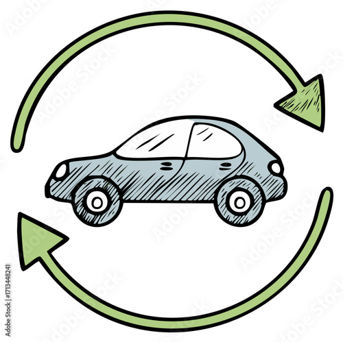 Hand drawn car with a circular arrow indicating a cycle or exchange