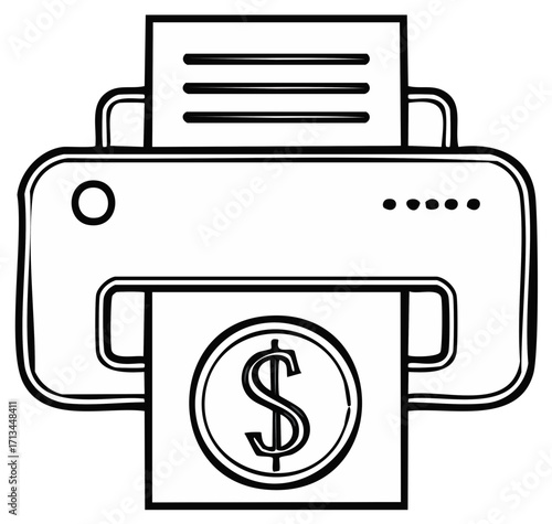 Line art of printer printing money symbol representing financial gains or earnings concept