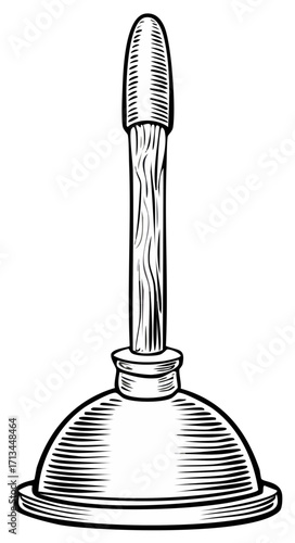 Detailed vintage drawing of a black and white plunger