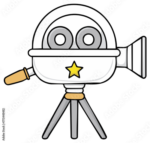 Cartoon film camera with star emblem on tripod illustration