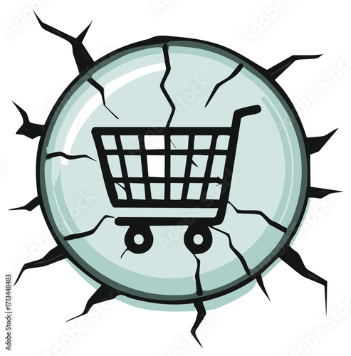 Cracked Globe with Shopping Cart Symbolizing Economic Crisis