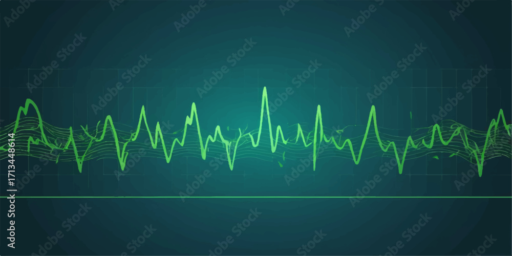 Obraz premium Green heartbeat cardiogram graph line on a blue background forming a heart pulse wave vector illustration for medical health monitor rate ecg ekg healthcare medicine