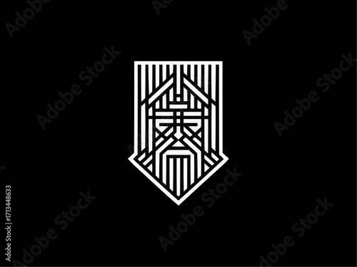 Bold geometric emblem design features a stylized ancient warrior face with a beard and intricate lines