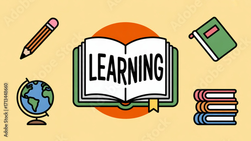 Learning resources and education concept with book pencil globe for school and study materials design