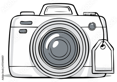 Illustration of a camera with an attached blank price tag