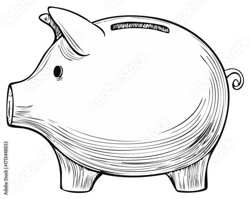 Classic piggy bank line art illustration, symbolizing financial savings, budgeting, and future investment.