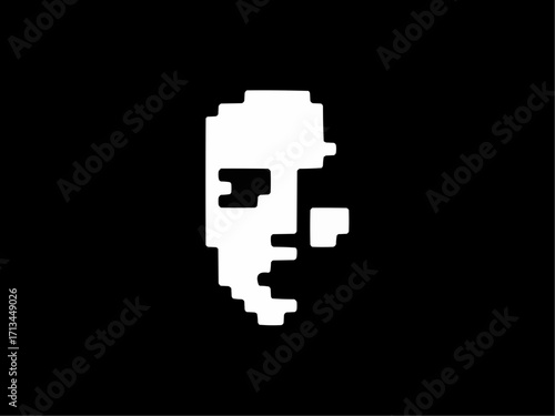 Abstract pixelated face silhouette conveys modern identity and digital presence in stark contrast
