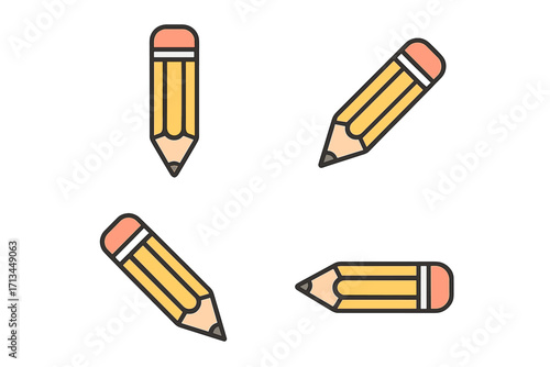 Set of simple yellow pencil icons for school and office. Vector illustration for education, drawing, and writing. Flat design stationery graphic symbol isolated on white.