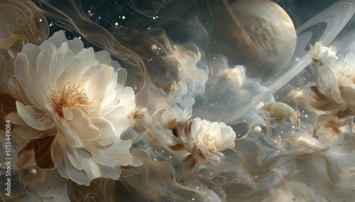 Fototapeta Naklejka Na Ścianę i Meble -  Celestial peonies float amidst swirling gold and grey nebulae, luminous and ethereal, with a ringed planet and scattered stardust in the background