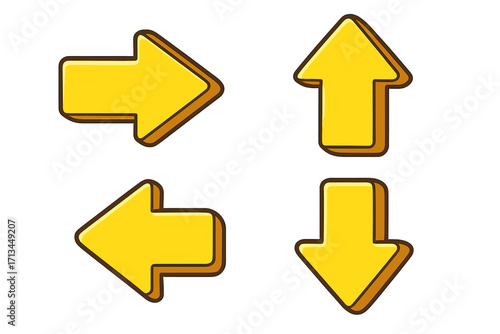 Set of 3D yellow cartoon arrow pointer icons for navigation and direction. Vector illustration isolated on a transparent background. Up, down, left, right symbols for UI.