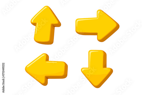 Set of 3D yellow arrow pointer icons. Cartoon vector illustration for navigation and direction. Up, down, left, right symbols for web, UI, game design. Isolated on transparent.