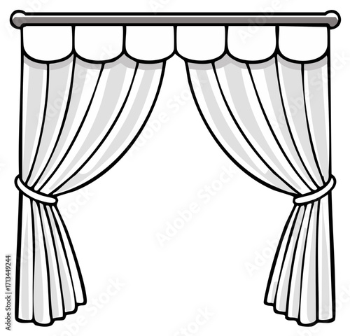 Simple Cartoon Illustration of Elegant White Curtains Tied Back with a Decorative Valance