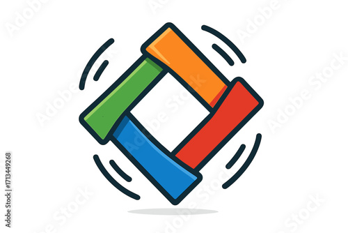 Colorful rotating square logo design. Abstract geometric symbol for teamwork, connection, and unity. Dynamic motion icon for corporate branding, technology business, or app.