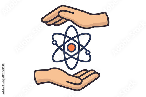 Hands holding atom. Science and technology development concept. Symbol for nuclear energy, physics, chemistry research. Metaphor for innovation, knowledge, discovery, power.