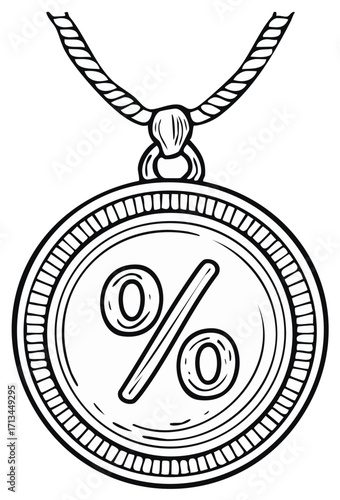 Hand drawn outline illustration of a medal with percentage symbol on a decorative chain for discount sale savings or offer promotion