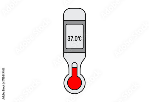A digital thermometer displays a normal body temperature of 37.0 degrees Celsius.