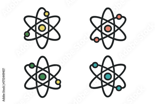 Atom icon set. Science, physics, chemistry symbol collection. Vector logo illustration for technology and research. Nuclear energy particle graphic with electron orbit.
