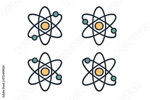 Atom icon collection. Vector set of scientific symbols. Physics, chemistry, and nuclear energy concepts. Minimalistic linear pictograms for web, apps, and graphic design.