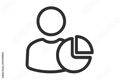 User data analytics icon with person holding a pie chart. Concept for market research, customer share, segmentation, business statistics, demographics, and financial report.