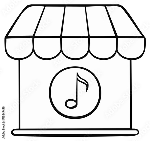Outline illustration of a music shop building with an awning and a musical note icon