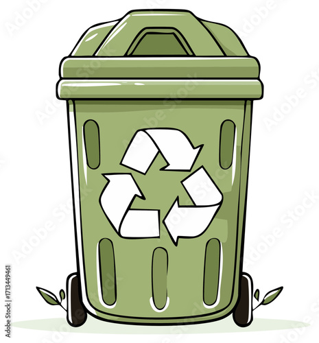 Green Recycling Bin with Recycle Symbol and Plants Concept for Sustainability