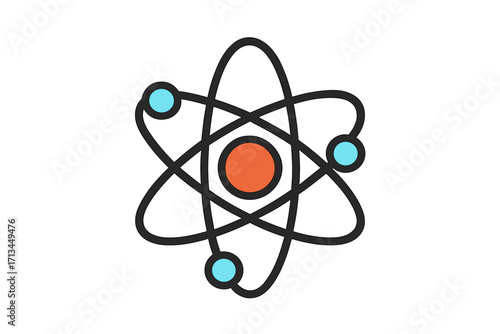 Atom icon symbol for science and physics. Vector illustration of atomic structure with nucleus and electrons. Chemistry, energy, and nuclear technology concept pictogram.