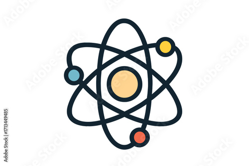 Atom icon vector for science, physics, chemistry. Nuclear energy symbol. Molecule structure, particle, electron orbit. Research, technology, quantum concept. Isolated logo.