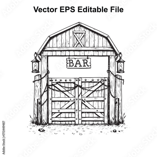 Vector art of hand drawn sketch of a rustic wooden barn with a sign that says bar