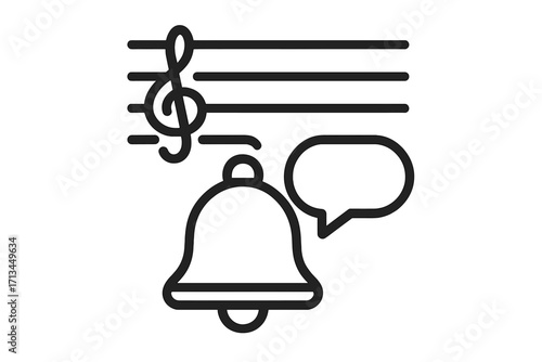 Music notification icon. Sound alert, ringtone, message tone concept. Bell with musical staff and treble clef. Line symbol for web and mobile app UI design. Audio graphic.