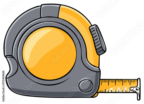 Yellow and gray cartoon style tape measure rolling out from the case