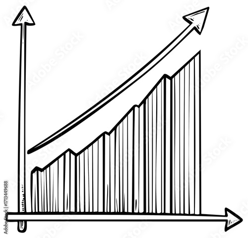 Hand drawn illustration of business growth chart with rising arrows and bars