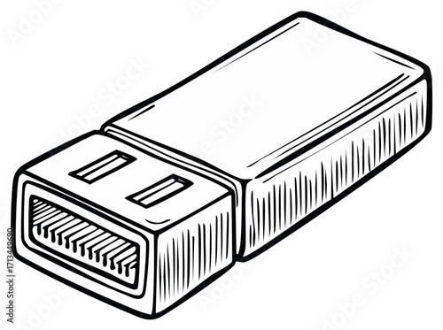 Black and white line art drawing of a portable USB flash drive for data storage and transfer