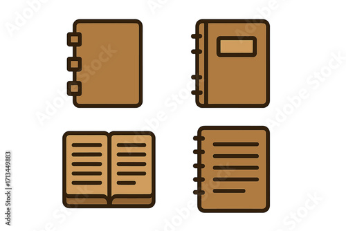 Notebook and diary icon set. Linear color pictogram collection. Journal, planner, organizer symbols. School and office supplies for writing, study. Notepad vector graphic.