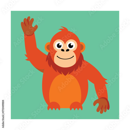 Orangutan waving with a friendly smile Keywords: orangutan, ape, monkey, animal, cartoon
