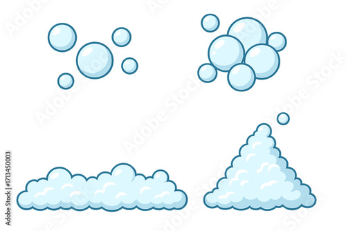 Cartoon bubble and foam vector set for graphic design. Soap suds, effervescent pop, and water bubbles illustration. Concept for cleaning, washing, shampoo, or fizzy drinks.