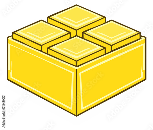 Illustrated golden toy building block with connecting squares for kids' design and assembly projects